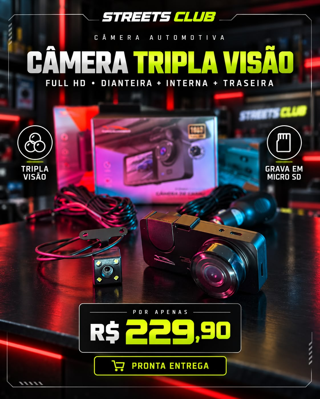 Câmera de Carro TRIPLA VISÃO HD