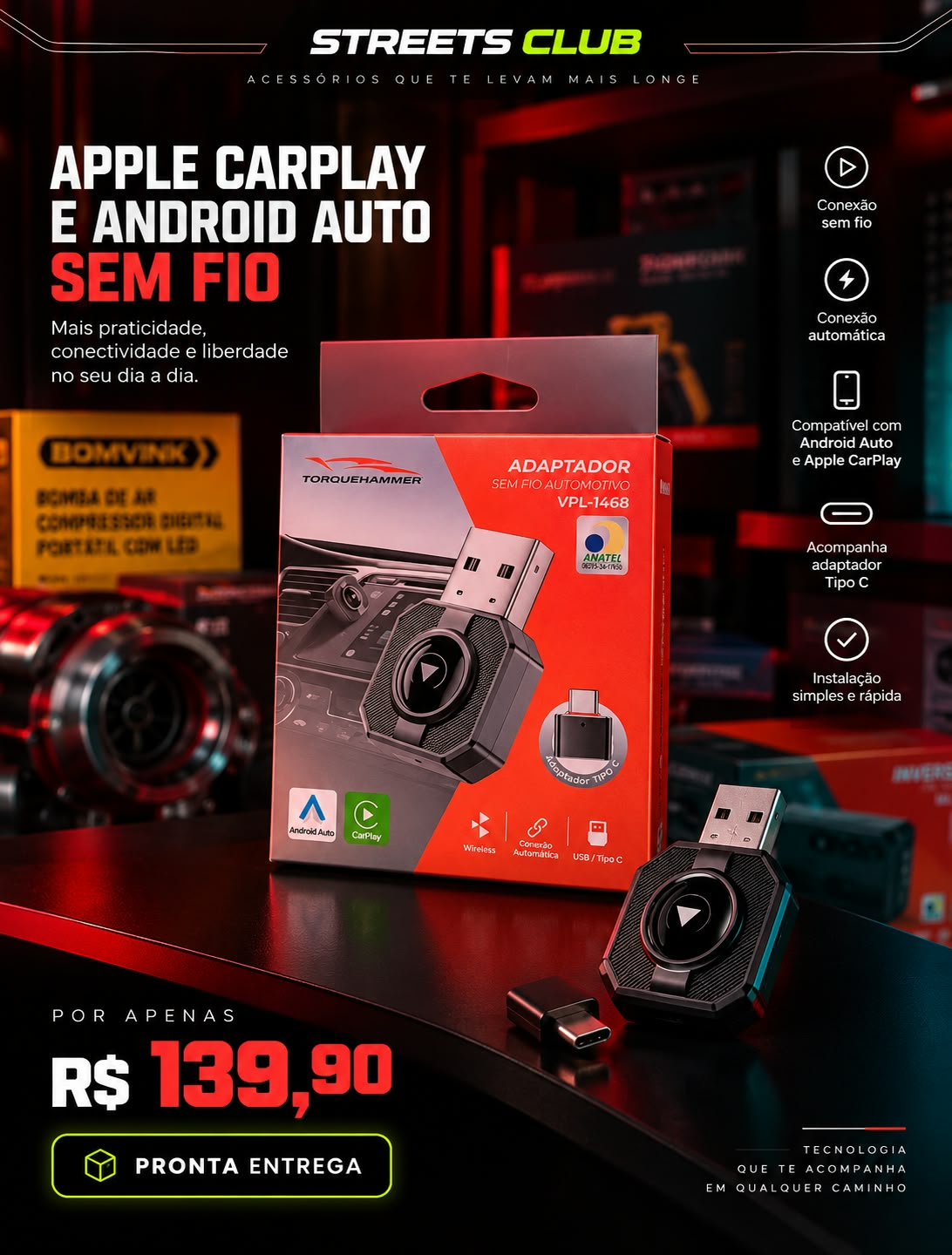 Adaptador CarPlay + Android Auto S/fio