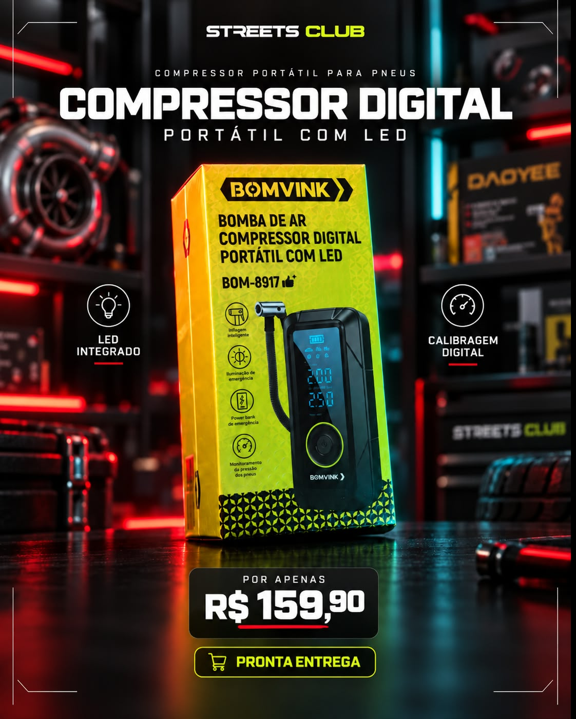 Compressor Digital Portátil para Pneus LED